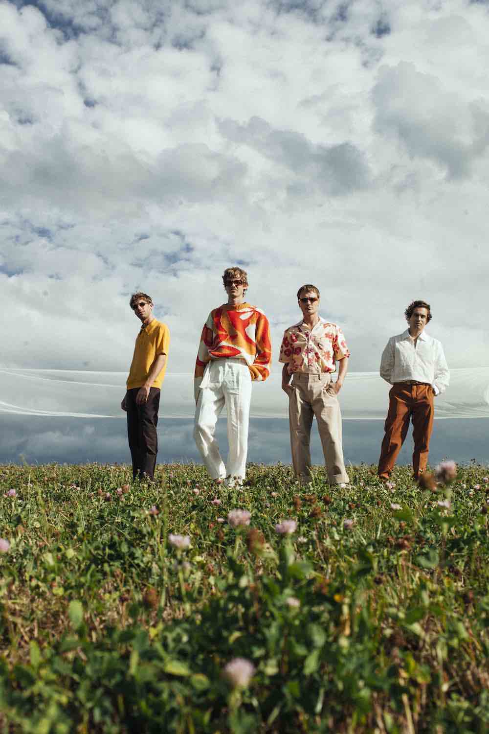 The four members standing in a field of wildflowers beneath a cloudy sky